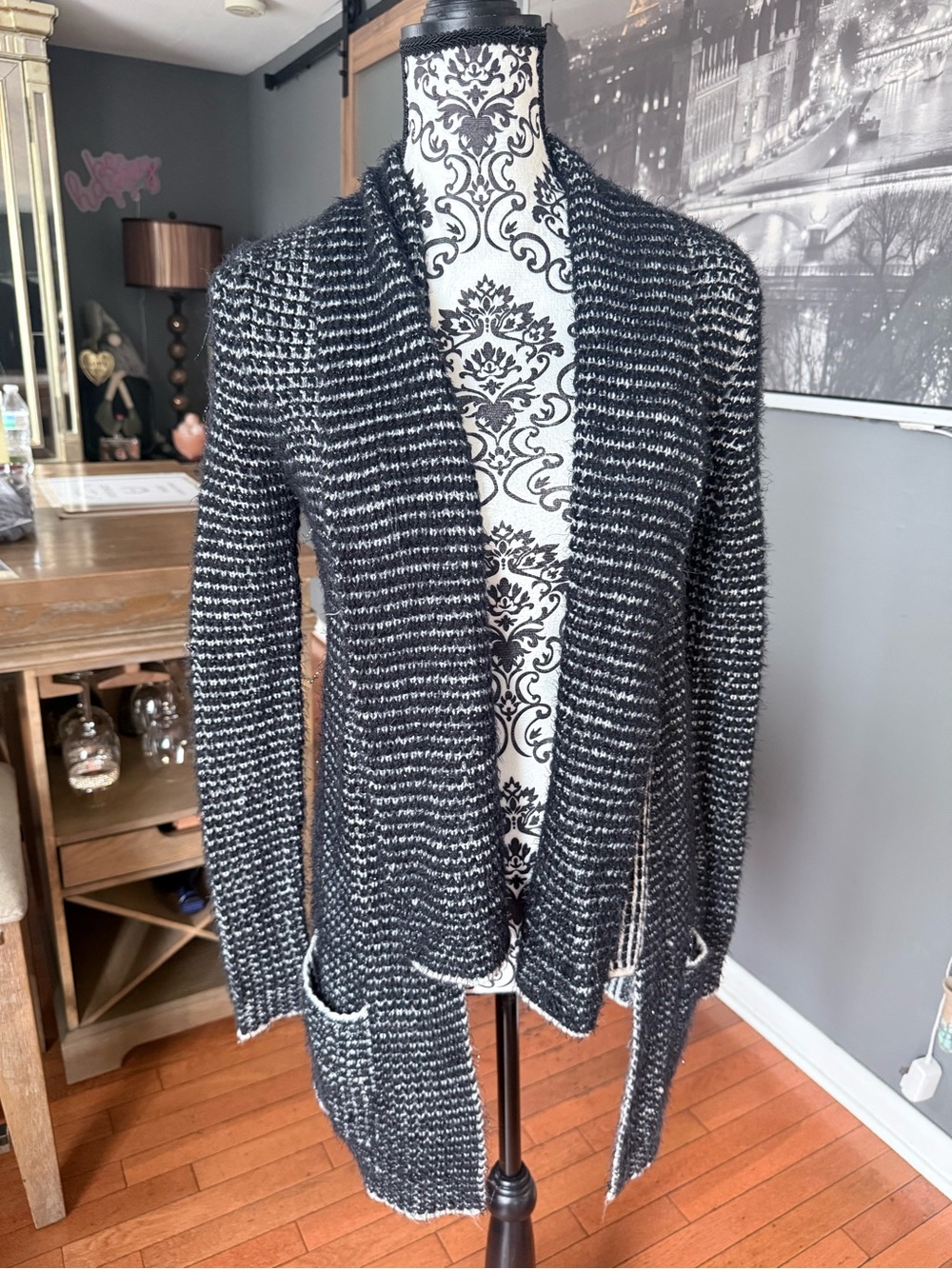 princess vera wang Black and White Open-Front Knit Cardigan